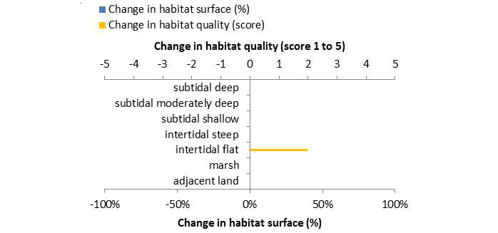 Figure 6. Ecosystem services analysis for Groynes at Waarde: Indication of habitat surface and quality change, i.e. situation before versus after measure implementation. The change in habitat quality, i.e. situation after the measure is implemented corrected for the situation before the measure, is ‘1’ in case of a very low quality shift, and ‘5’ in case of a very high quality shift.